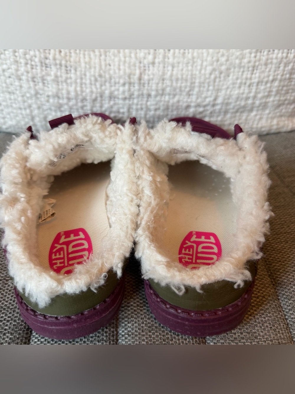 Hey Dude Burgundy Quilted Faux-Fur Lined Slip-Ons with Pink Logo - Picture 2 of 8